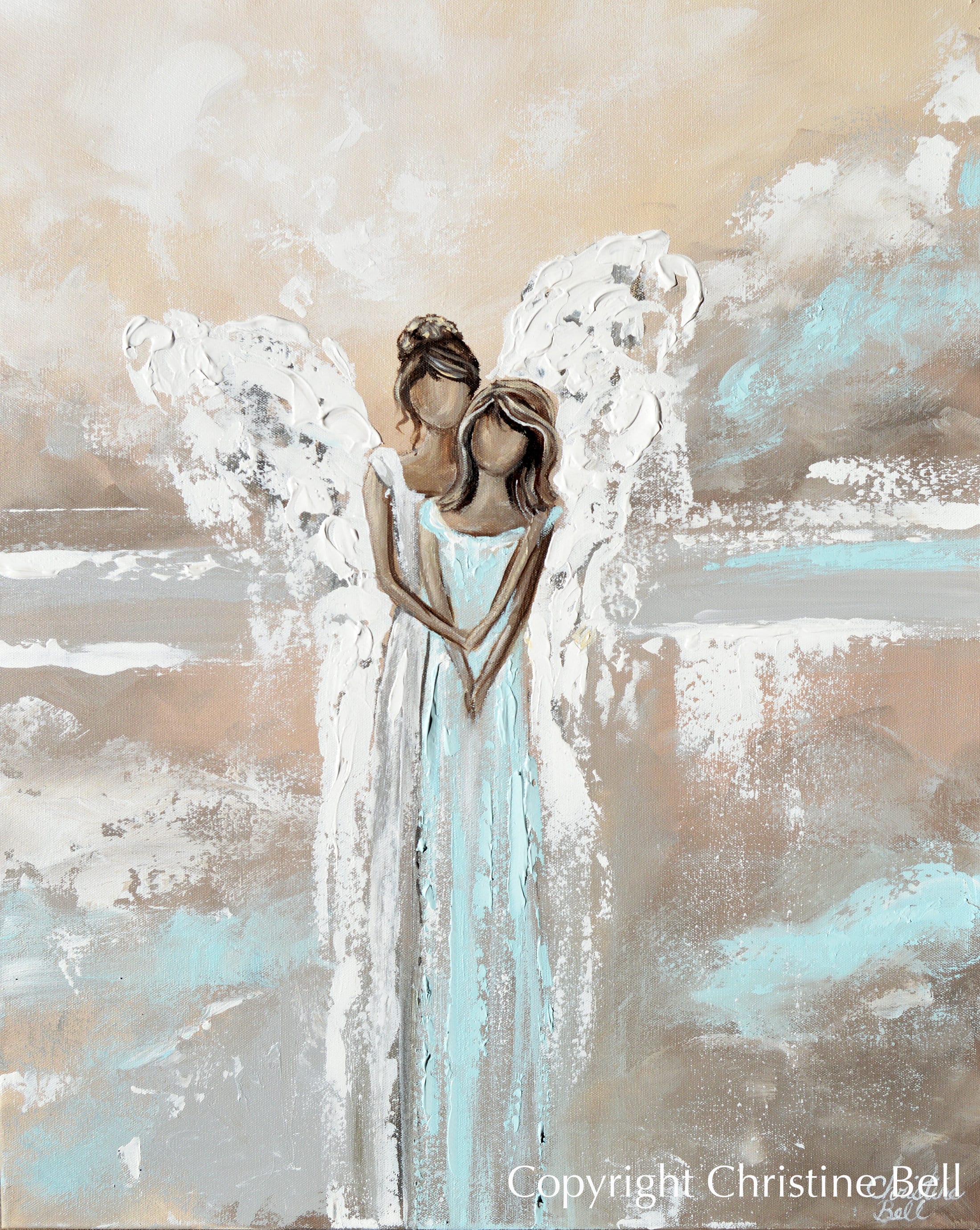 I'VE GOT YOU, Angel Oil Painting Print, 2 Angels Canvas Art Print Gift for Mom / Partner Home Decor Wall Art Mother's Day Gift White Blue