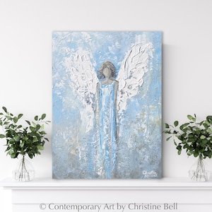 GICLEE PRINT Art Angel Oil Painting Light Blue Guardian Angel Painting Home Decor Wall Decor Holiday Gift for Her Canvas White Angel Wings