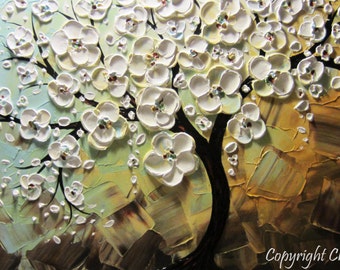 Textured Cherry Blossom Tree Painting: Abstract Floral Palette Knife Art
