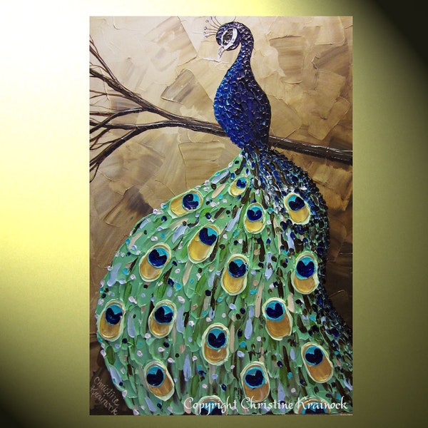 ORIGINAL Art Abstract Painting Peacock Painting Modern Textured Impasto Wall Decor Palette Knife Saphire Blue Brown Green 36x24 - Christine