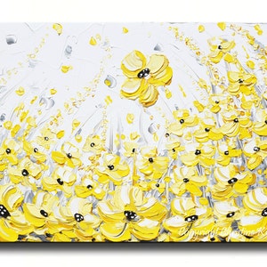 GICLEE PRINTS Large Art Yellow Grey Abstract Painting Wall Decor Flowers Modern Coastal Canvas Print Gold White XL Sizes to 60" -Christine