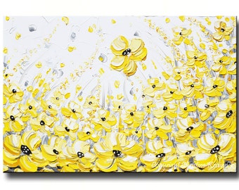 GICLEE PRINTS Large Art Yellow Grey Abstract Painting Wall Decor Flowers Modern Coastal Canvas Print Gold White XL Sizes to 60" -Christine