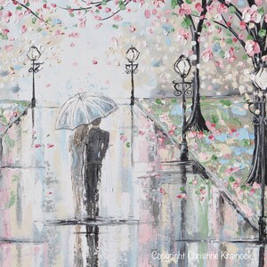 GICLEE PRINT Art Abstract Painting Couple with Umbrella Cherry Trees Oil Painting PAPER Print Wall Art Home Decor Walk Rain Romantic Pink image 3