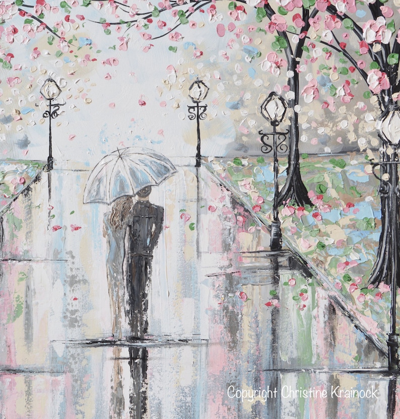 GICLEE PRINT Art Abstract Painting Couple with Umbrella Cherry Trees Oil Painting PAPER Print Wall Art Home Decor Walk Rain Romantic Pink image 3