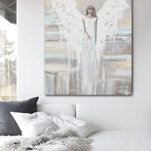 GICLEE PRINT Art Abstract Angel Painting Canvas Print Oil Painting Home Decor Wall Art Housewarming Gift White Grey Blue Cream Christine image 3