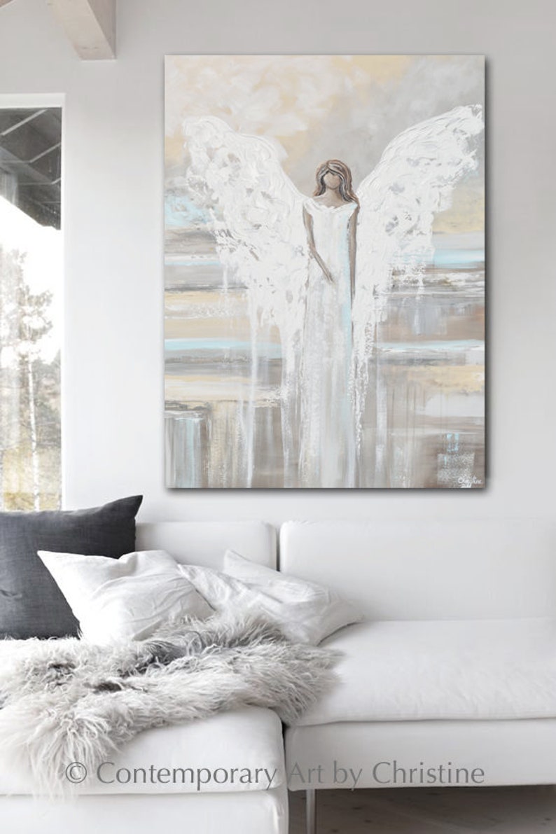 GICLEE PRINT Art Abstract Angel Painting Canvas Print Oil Painting Home Decor Wall Art Housewarming Gift White Grey Blue Cream Christine image 3