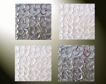 Custom Art Abstract Paintings Metallic Sculpted Wall Decor Set of 4 -12x12 Home Decor Gift Textured Silver Pearl White Flowers MADE TO ORDER