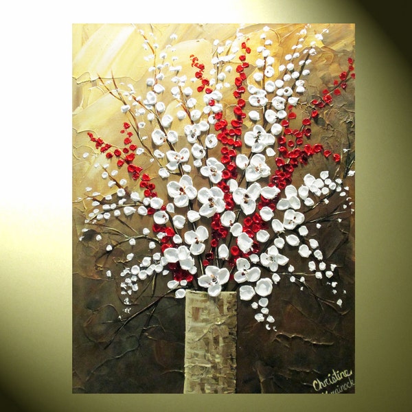 Original Textured Painting,  White Flower Painting, Red Berries Branches in Vase, Modern Palette Knife Painting, Floral 24x18" by Christine