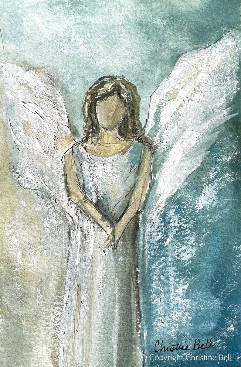 GICLEE PRINT Art Abstract Angel Painting Canvas Print Oil Painting Guardian Angel Blue Green Holiday Home Decor Wall Art Spiritual Gift image 2