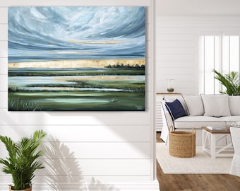 GICLEE PRINT Art Abstract Painting Landscape Gold Leaf Sunset Modern Oil Painting Blue Green White Coastal Home Decor Canvas Print Wall Art