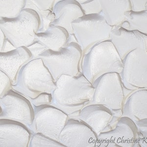 May include: White abstract painting with a textured, raised surface. The paint is applied in thick, swirling strokes, creating a dynamic and organic pattern.