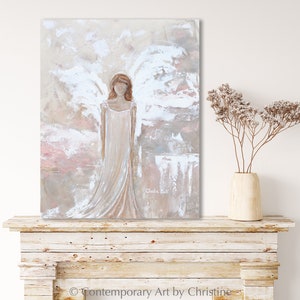 GICLEE PRINT Art Abstract Angel Painting Canvas Print Oil Painting Guardian Angel Neutral Holiday Home Decor Wall Art Christmas Gift White image 1