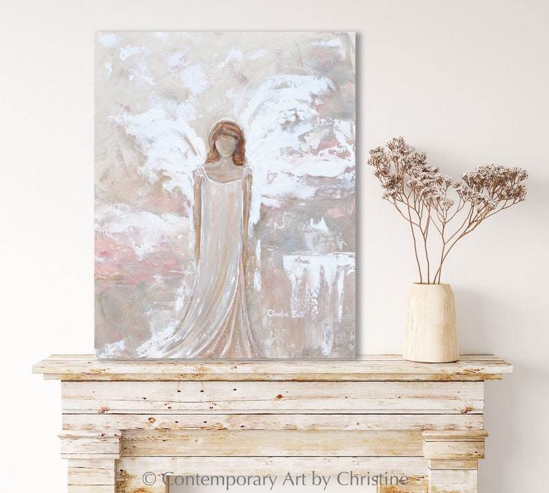 GICLEE PRINT Art Abstract Angel Painting Canvas Print Oil Painting Guardian Angel Neutral Holiday Home Decor Wall Art Christmas Gift White image 1