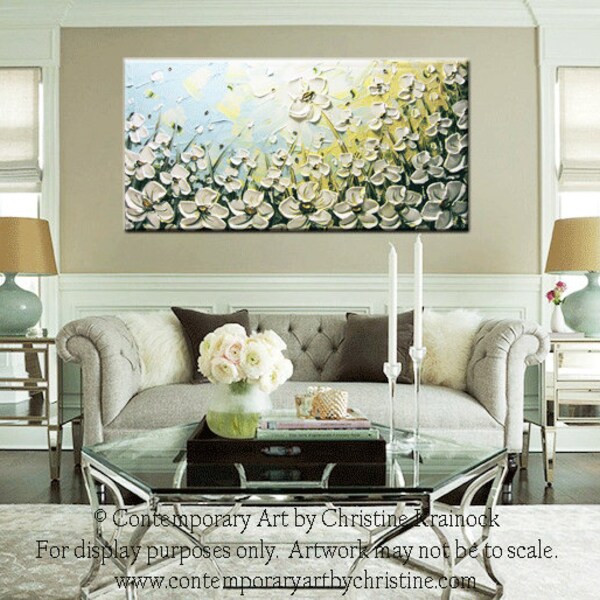20% SALE Original Art Abstract Painting White Flowers Large Art Wall Decor Poppies Textured Palette Knife Blue Gold READY to SHIP- Christine