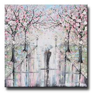 GICLEE PRINT Art Abstract Painting Couple with Umbrella Cherry Trees Oil Painting PAPER Print Wall Art Home Decor Walk Rain Romantic Pink image 1