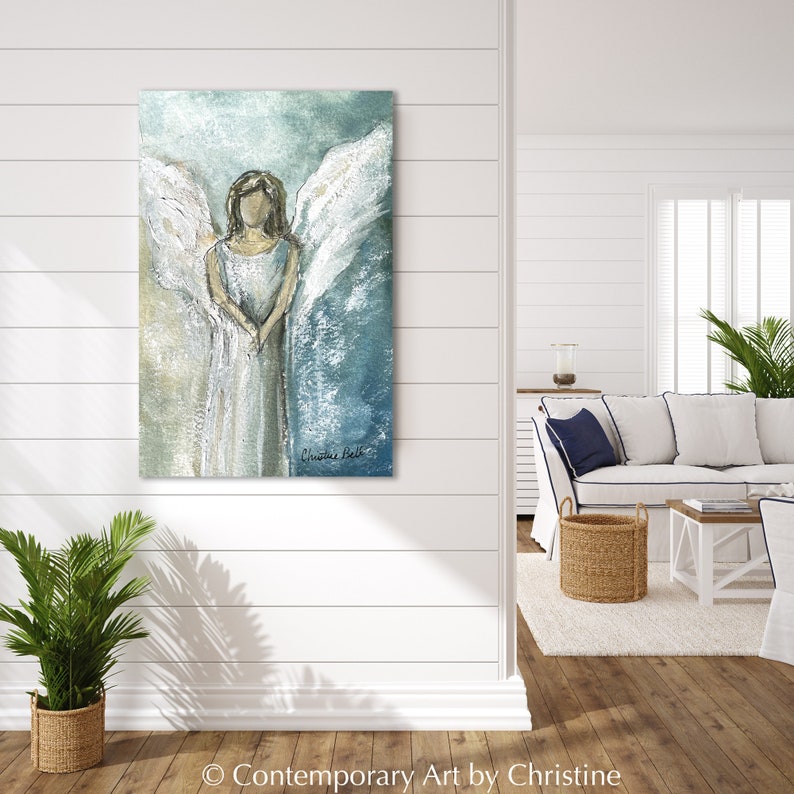 GICLEE PRINT Art Abstract Angel Painting Canvas Print Oil Painting Guardian Angel Blue Green Holiday Home Decor Wall Art Spiritual Gift image 3