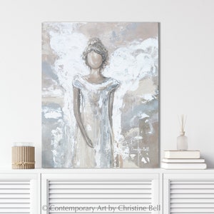 GICLEE PRINT Art Abstract Angel Painting Canvas Print Oil Painting Guardian Angel Neutral Holiday Home Decor Wall Art Christmas Gift White