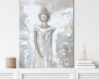 GICLEE PRINT Art Abstract Angel Painting Canvas Print Oil Painting Guardian Angel Neutral Holiday Home Decor Wall Art Christmas Gift White