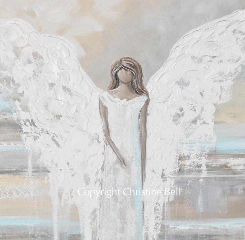 GICLEE PRINT Art Abstract Angel Painting Canvas Print Oil Painting Home Decor Wall Art Housewarming Gift White Grey Blue Cream Christine image 4