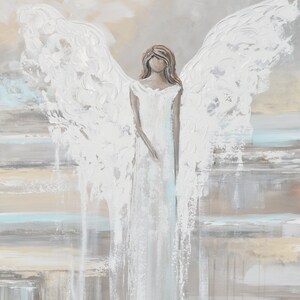 GICLEE PRINT Art Abstract Angel Painting Canvas Print Oil Painting Home Decor Wall Art Housewarming Gift White Grey Blue Cream Christine image 2