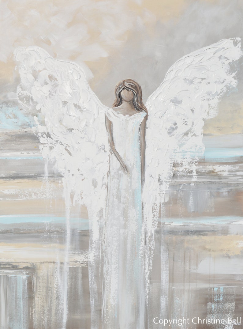 GICLEE PRINT Art Abstract Angel Painting Canvas Print Oil Painting Home Decor Wall Art Housewarming Gift White Grey Blue Cream Christine image 2