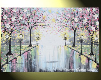 ART PRINTS Abstract Painting Pink Blossoming Cherry Trees LARGE Wall Art Wall Decor Park Flowers Canvas Prints Grey Sizes to 60" - Christine