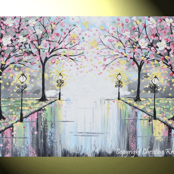 ART PRINTS Abstract Painting Pink Blossoming Cherry Trees LARGE Wall Art Wall Decor Park Flowers Canvas Prints Grey Sizes to 60" - Christine