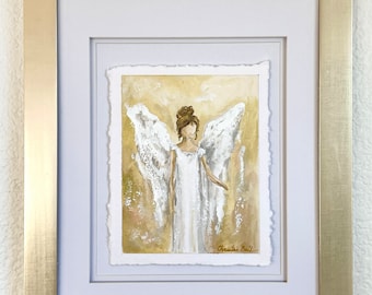 ORIGINAL Art Abstract Angel Painting Framed Gold White Angel Joy Holiday Gift Guardian Angel Vintage Deckled Edge Paper Home Decor Wall Art