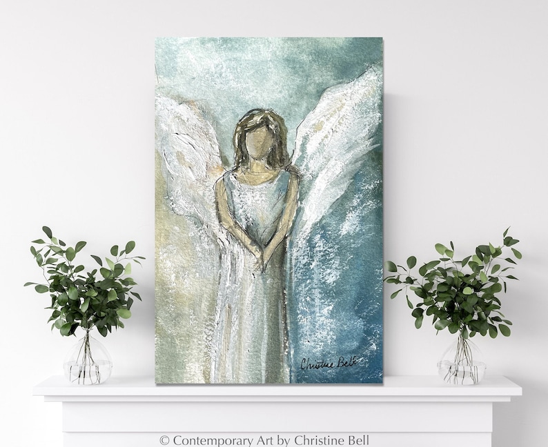 GICLEE PRINT Art Abstract Angel Painting Canvas Print Oil Painting Guardian Angel Blue Green Holiday Home Decor Wall Art Spiritual Gift image 1