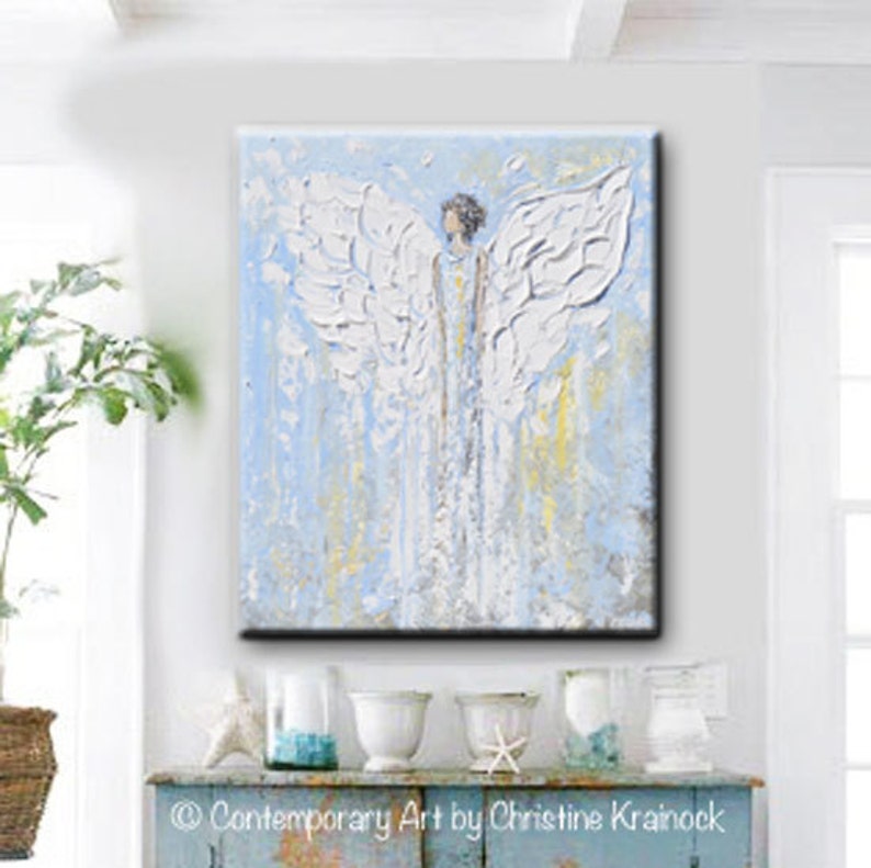 GICLEE PRINT Art Abstract Angel Painting Christmas Decoration White Light Blue Gold Wall Art Home Decor Spiritual Art Christine Krainock image 2