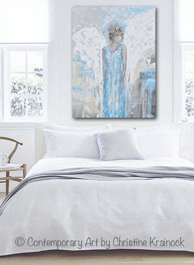 GICLEE PRINT Art Abstract Angel Painting Canvas Print Oil Painting Home Decor Wall Decor Gift Spiritual White Blue Grey Beige Christine image 2
