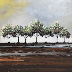 CUSTOM ORIGINAL Art Abstract Painting Trees Green Textured Modern Palette Knife Tree Landscape Fine Art Wall Decor Brown Grey -Christine