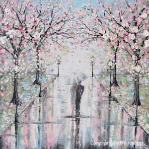 GICLEE PRINT Art Abstract Painting Couple with Umbrella Cherry Trees Oil Painting PAPER Print Wall Art Home Decor Walk Rain Romantic Pink image 4