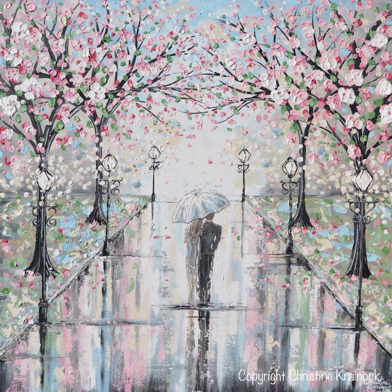 GICLEE PRINT Art Abstract Painting Couple with Umbrella Cherry Trees Oil Painting PAPER Print Wall Art Home Decor Walk Rain Romantic Pink image 4