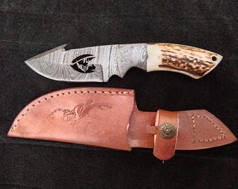 Damascus Steel Gut Hook Knife, Deer Antler Handle, Custom Leather Sheath