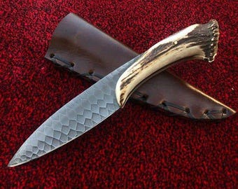 Handmade D2 Steel Bowie Knife Pair, Crown Stag Handle, Leather Sheath