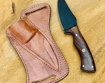 Handmade D2 Steel Hunting Knife - Rosewood Handle, Leather Sheath