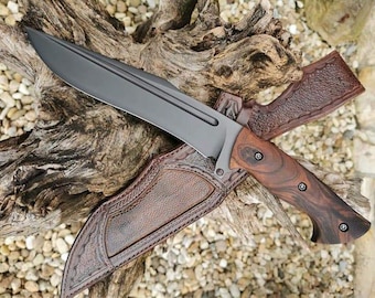 Handmade D2 Steel Bowie Knife: Rosewood Handle, Leather Sheath