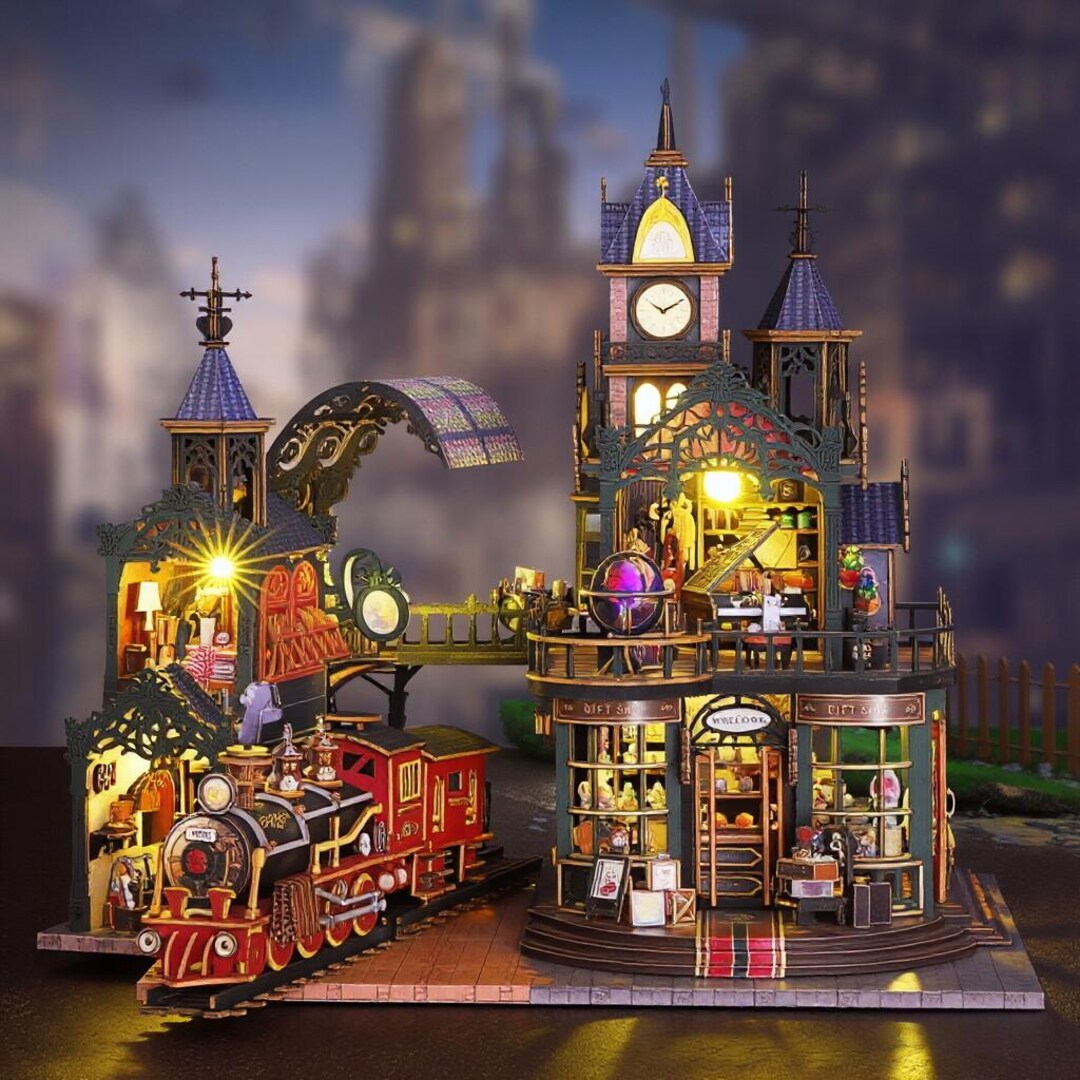 Wooden Magic Train Station Castle Puzzle Kit, Buildable Railway Craft ...