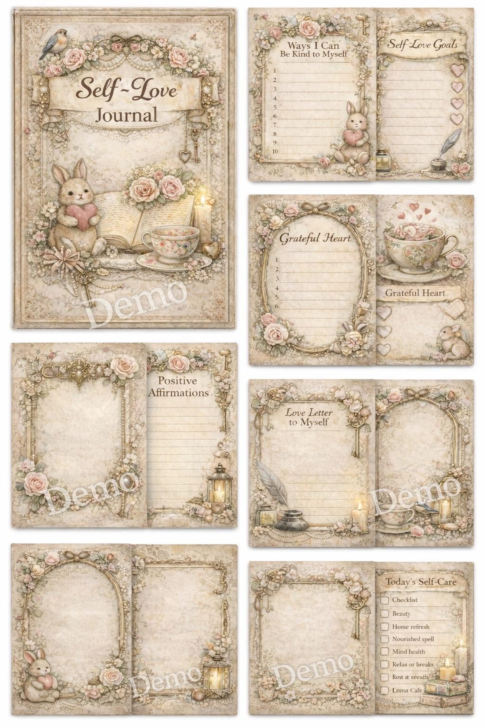 Vintage Self Love Journal Kit – 10 Printable Pages – Whimsical Floral ...
