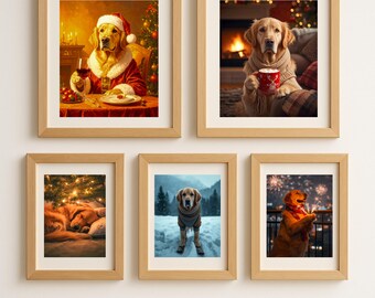 Op de afbeelding: Vijf ingelijste prints met Golden Retrievers in feestelijke scènes. Eén hond draagt een kerstmuts en -jas, een andere houdt een mok bij een open haard en anderen bevinden zich in winterse omgevingen. De lijsten zijn lichtbruin.