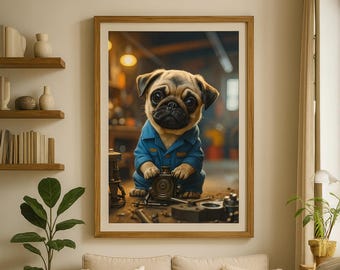 Arte mural de cachorro mecánico, divertido perro reparando un coche, impresión, descarga instantánea