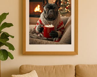 Può includere: Stampa incorniciata di un bulldog francese nero con un maglione rosso e bianco e una sciarpa grigia, che tiene in mano una tazza rossa con marshmallow. Il cane è seduto su un divano davanti a un camino e un albero di Natale.