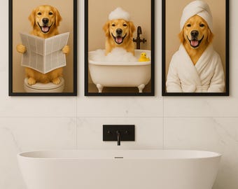 May include: Three framed prints showing Golden Retrievers in a bathroom. One dog reads a newspaper, another is in a bubble bath, and the third wears a robe and towel. The prints are above a white bathtub.