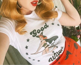Good Witch Pin Up Tee: Women's Fitted Halloween Shirt
