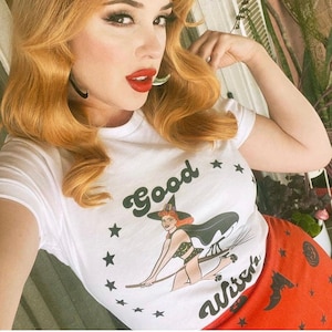 Good Witch Halloween Pin Up Tee/Women&#39;s Fitted Halloween Shirt/Witch Vibes Shirt/Halloween Gift for Her