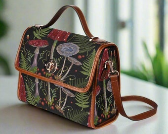 Mushroom Print Canvas Bag with Shoulder Strap/Dark Academia Bag/Goblincore Bag/Goblincore Purse