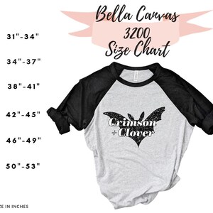 May include: A Bella Canvas 3200 size chart for a unisex t-shirt with a black bat graphic and the text "Crimson + Clover". The chart shows chest sizes in inches from XS (31-34 inches) to 2XL (50-53 inches).