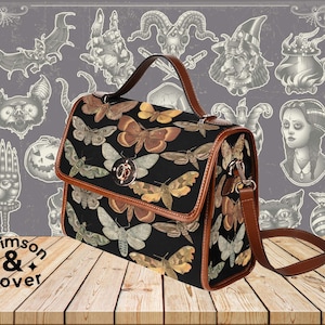 Moth Print Canvas Bag with Shoulder Strap/Dark Academia Bag/Goblincore Bag/Goblincore Purse