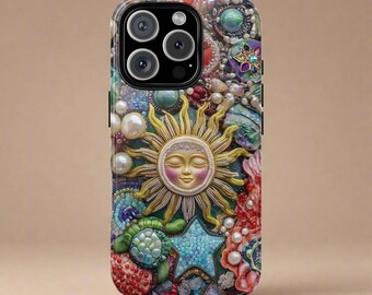 May include: A colorful phone case with a sun, a star, and a turtle design. The case is made of a hard plastic material and has a glossy finish.